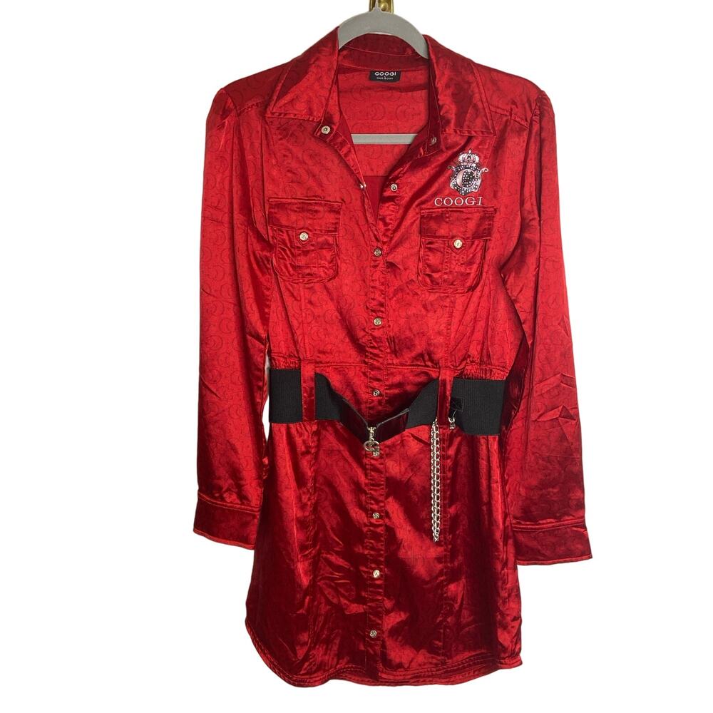 Coogi Belted Shirt Dress Logo Chains Y2K Streetwear 90s Party Fall Evening L